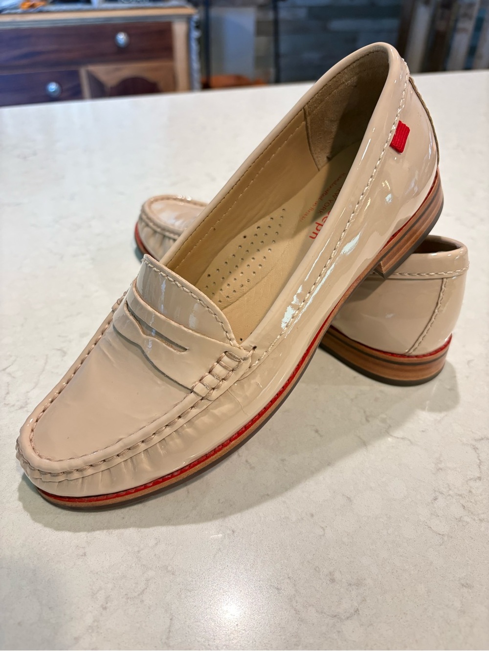East Village Marc Joseph Nude Patent Leather Penny Loafers With Red Trim